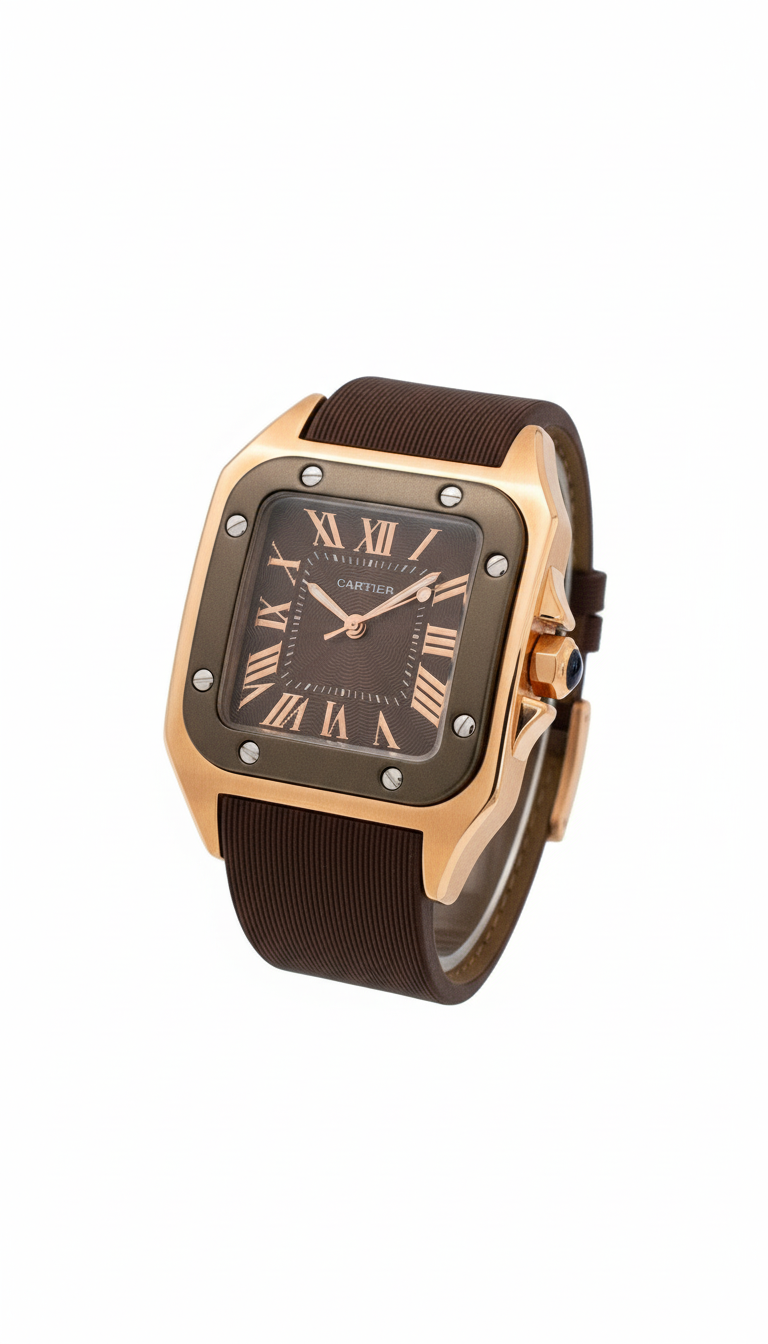 Cartier Santos de Cartier Watch in Rose Gold with Brown Dial and Rubber Strap - Mirror