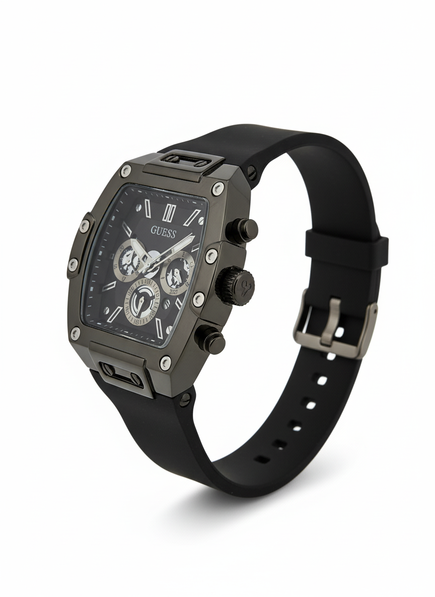GUESS Multi-Function Chronograph Watch (Black Tonneau Case)