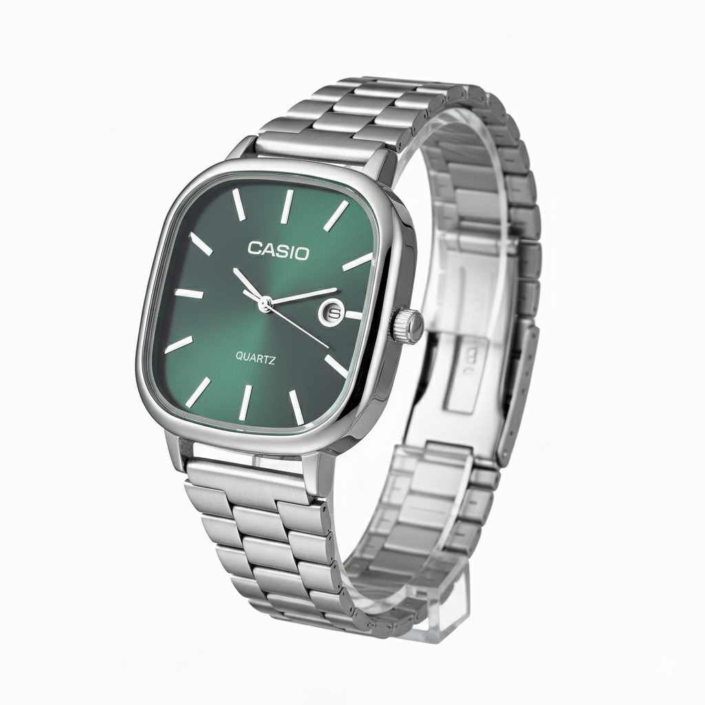 Casio Silver-Tone Watch with Green Dial - Mirror