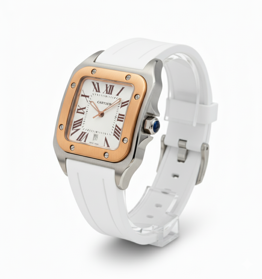 Cartier Santos de Cartier Two-Tone Watch with White Dial and Rubber Strap - Mirror