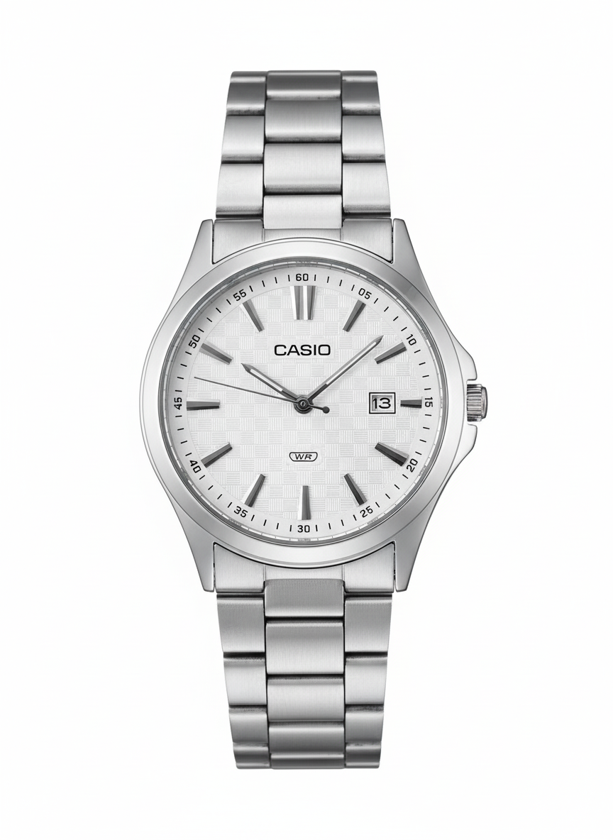 Casio Men's Silver-Tone Watch with Patterned Dial - Mirror