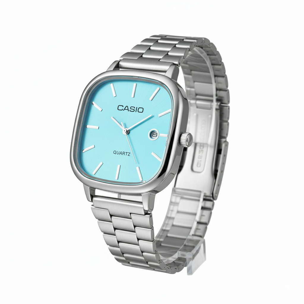 Casio Silver-Tone Watch with Aqua Blue Dial - Mirror