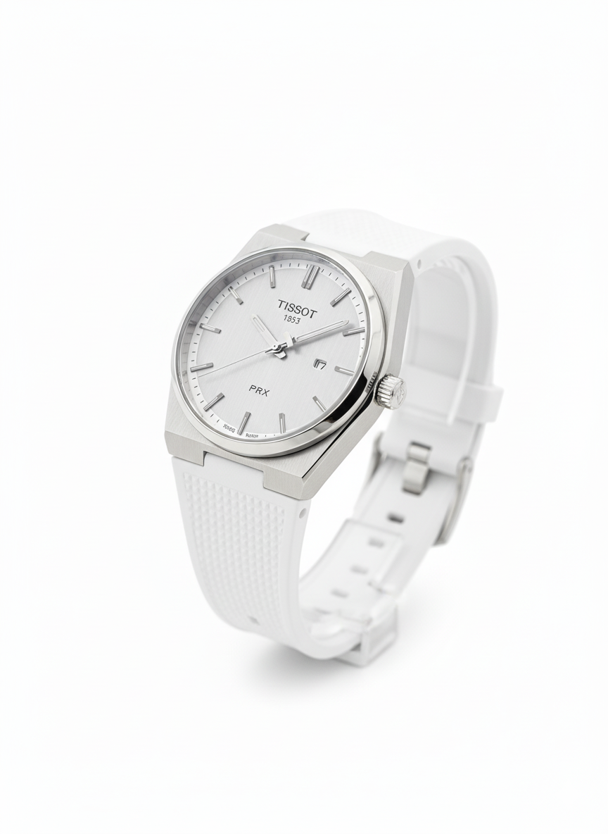 Tissot PRX White Dial Men’s Watch – Stainless Steel & Rubber Strap - Mirror