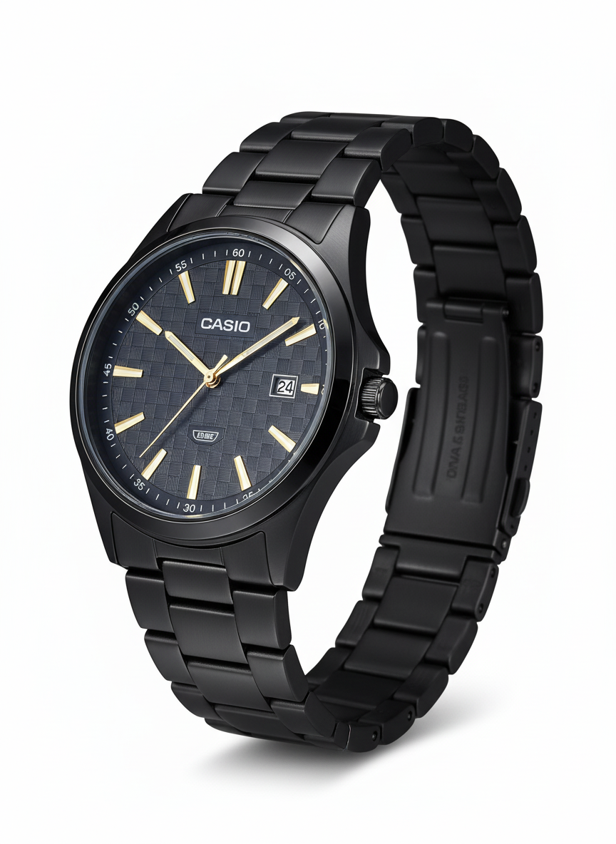 Casio Men's Black Ion-Plated Watch with Gold Patterned Dial - Mirror