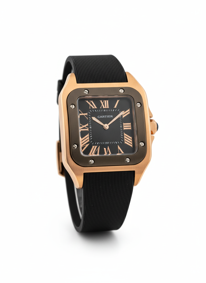 Cartier Santos de Cartier Watch in Rose Gold with Black Dial and Rubber Strap - Mirror