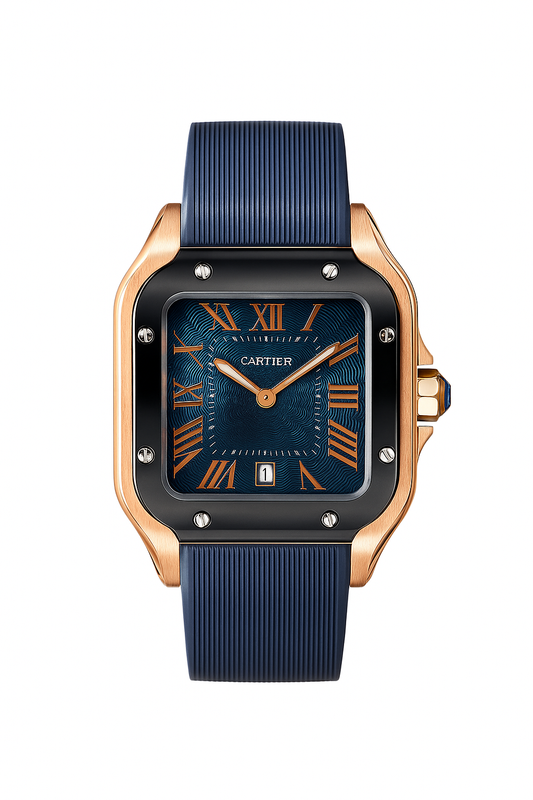 Cartier Santos de Cartier Watch in Rose Gold with Blue Dial and Rubber Strap - Mirror