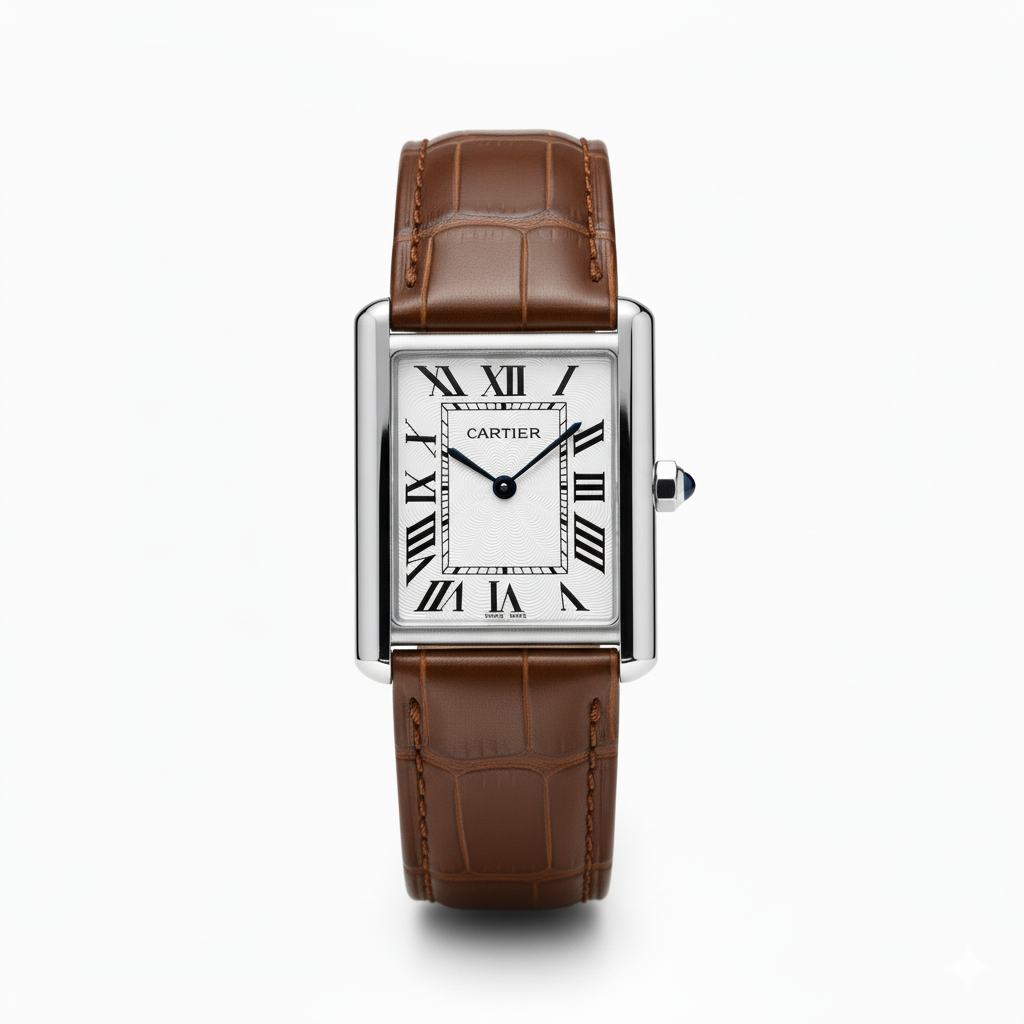Cartier Tank-Watch with Steel Case and Brown Alligator Strap - Mirror (Copy)