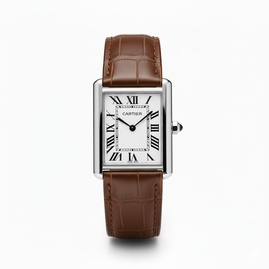 Cartier Tank-Watch with Steel Case and Brown Alligator Strap - Mirror (Copy)
