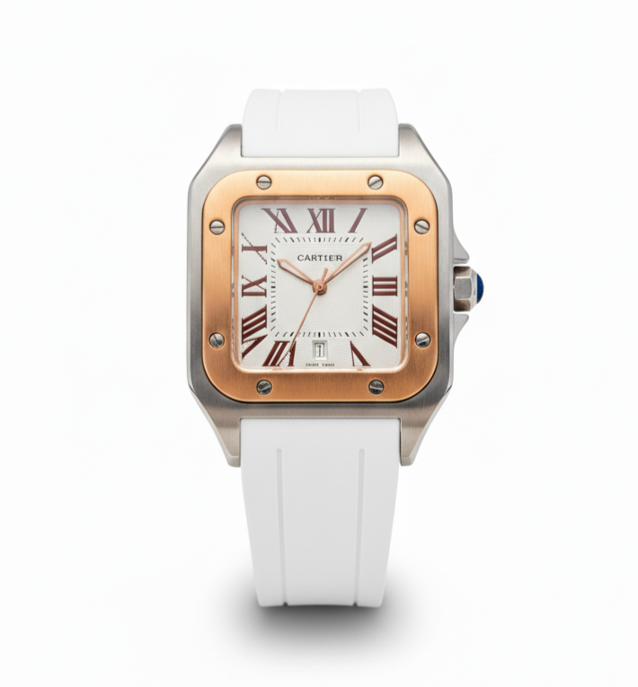 Cartier Santos de Cartier Two-Tone Watch with White Dial and Rubber Strap - Mirror
