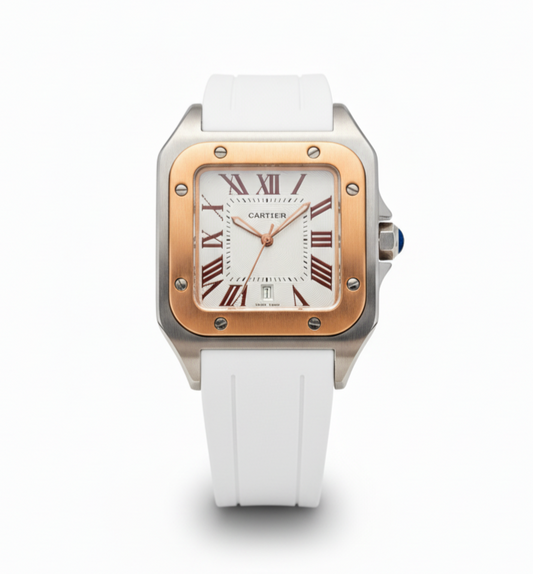 Cartier Santos de Cartier Two-Tone Watch with White Dial and Rubber Strap - Mirror