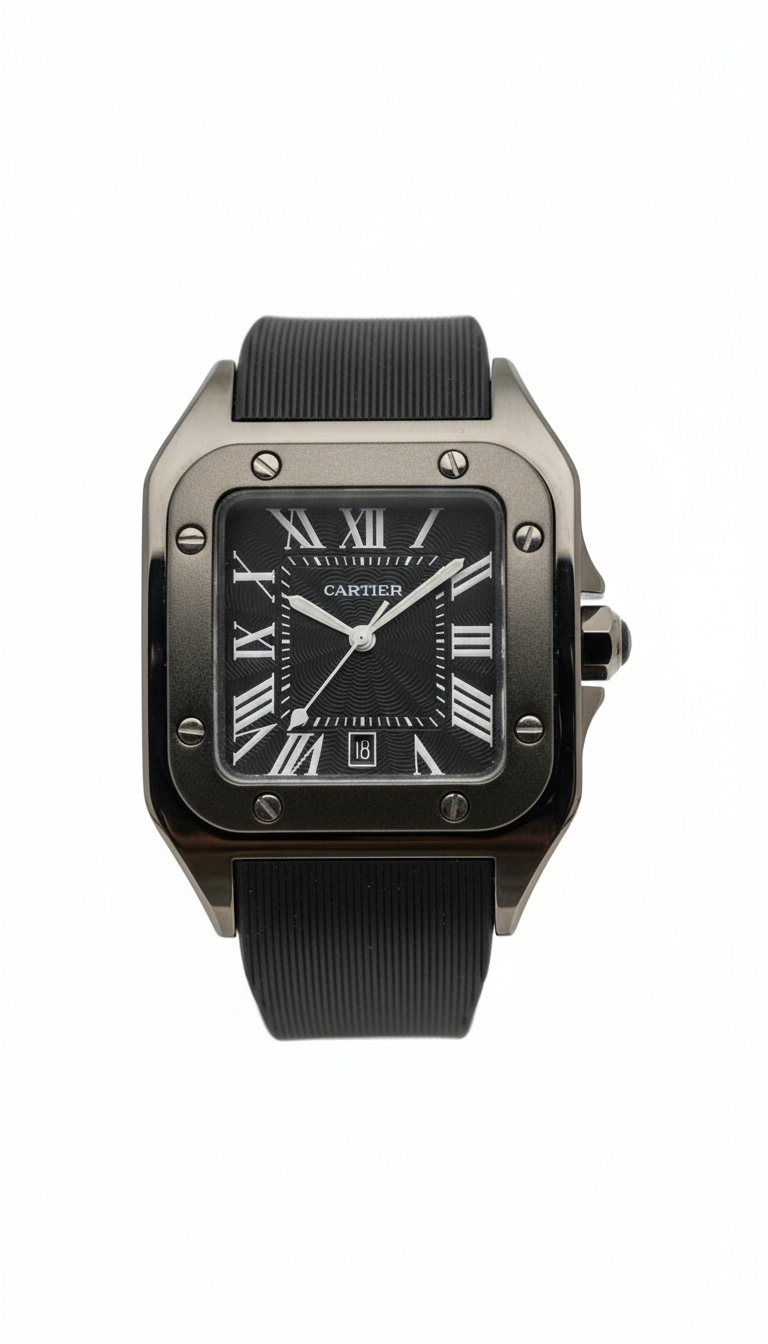 Cartier Santos de Cartier Watch in Silver with Black Dial and Rubber Strap - Mirror