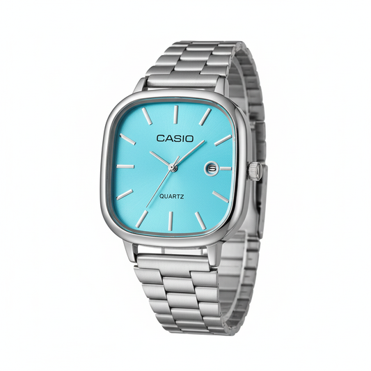 Casio Silver-Tone Watch with Aqua Blue Dial - Mirror