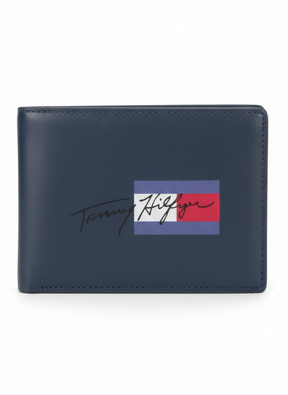 Tommy Hilfiger Navy Leather Bifold with Graphic Logo - Mirror