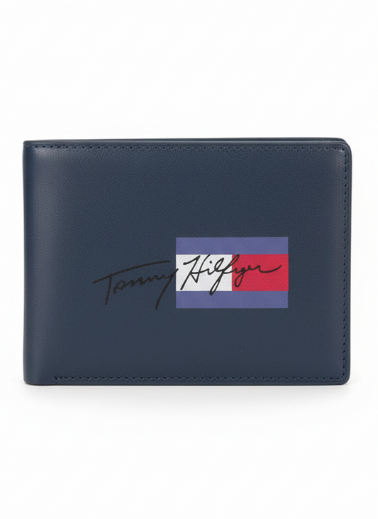 Tommy Hilfiger Navy Leather Bifold with Graphic Logo - Mirror