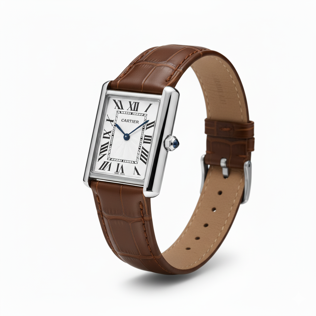 Cartier Tank-Watch with Steel Case and Brown Alligator Strap - Mirror (Copy)
