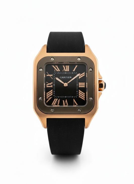 Cartier Santos de Cartier Watch in Rose Gold with Black Dial and Rubber Strap - Mirror