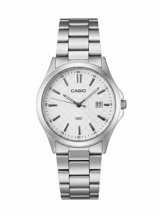 Casio Men's Silver-Tone Watch with Patterned Dial - Mirror