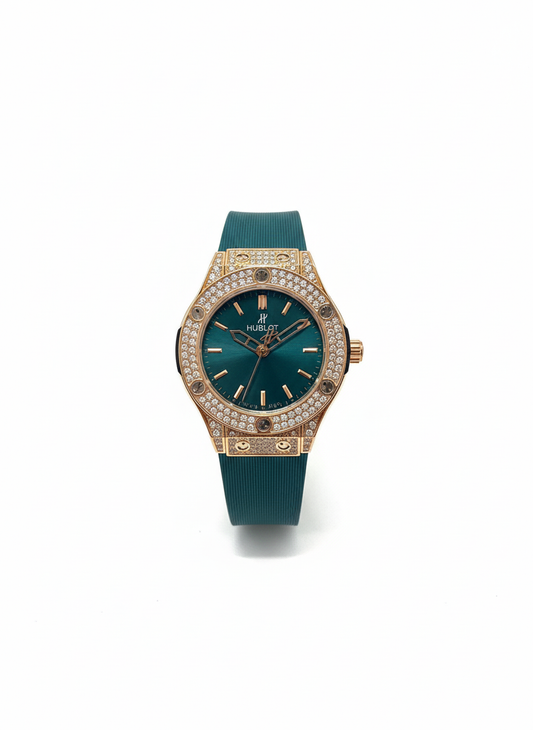 Hublot Classic Fusion King Gold Pavé with Green Dial and Rubber Strap - Mirror