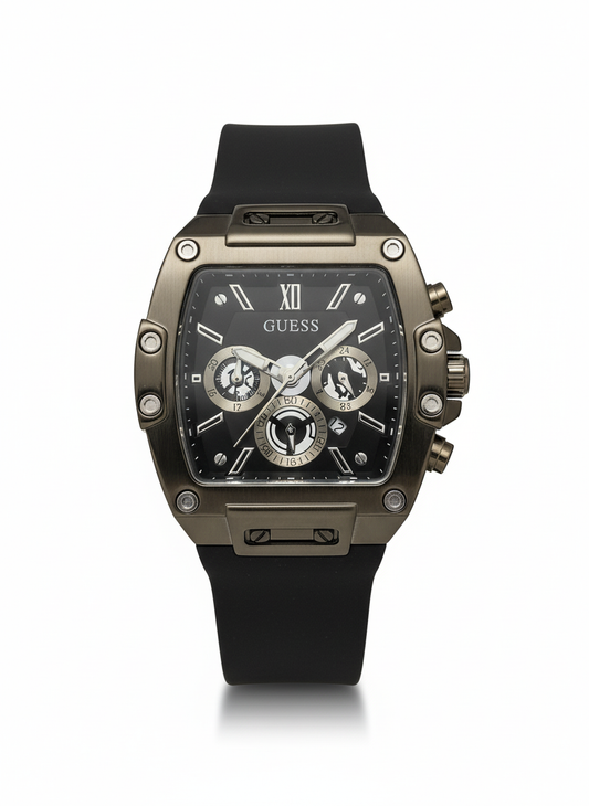 GUESS Multi-Function Chronograph Watch (Black Tonneau Case)