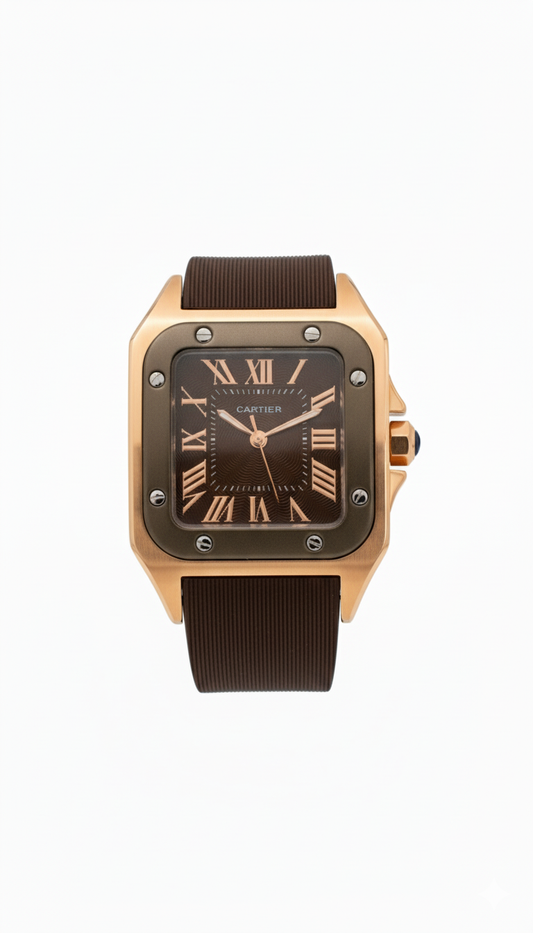 Cartier Santos de Cartier Watch in Rose Gold with Brown Dial and Rubber Strap - Mirror
