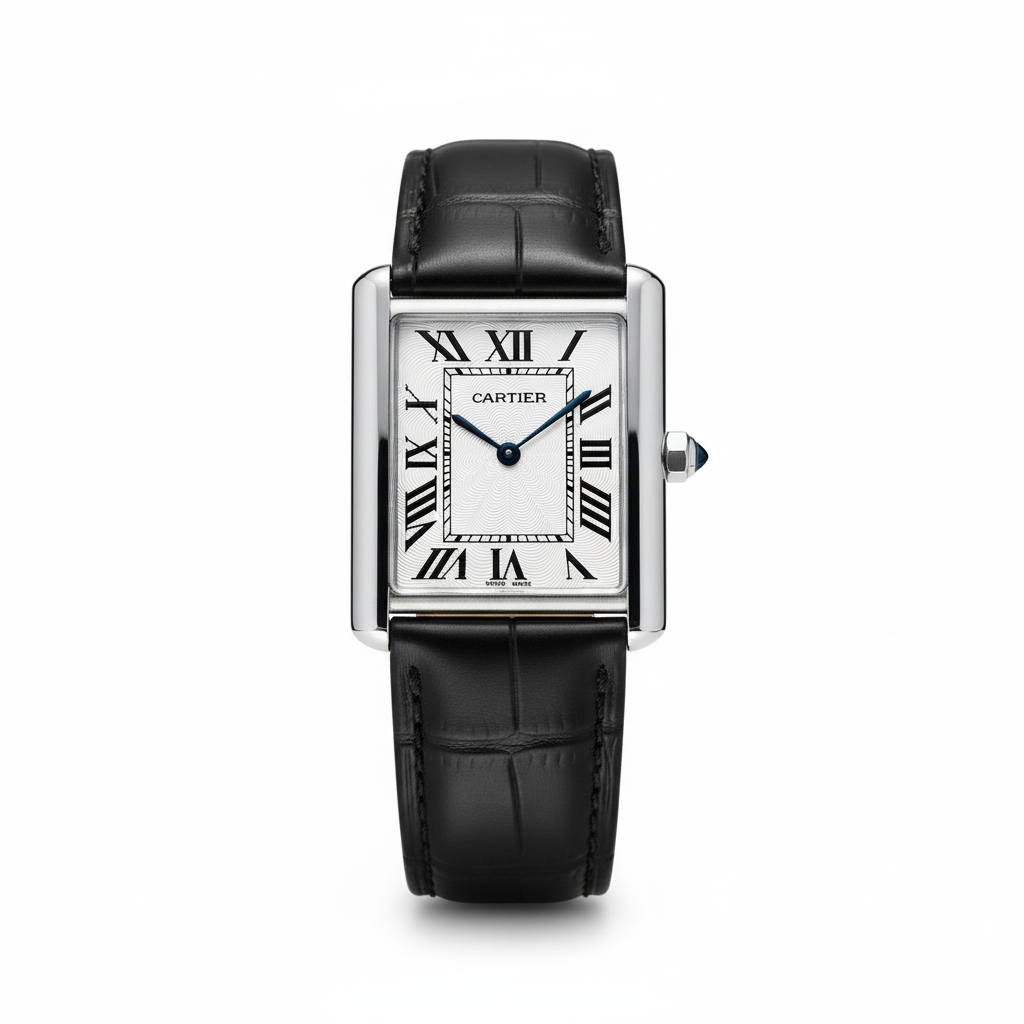 Cartier Tank-Watch with Steel Case and Black Alligator Strap - Mirror