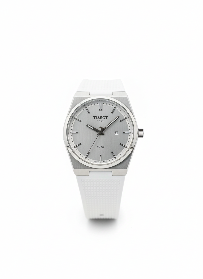 Tissot PRX White Dial Men’s Watch – Stainless Steel & Rubber Strap - Mirror