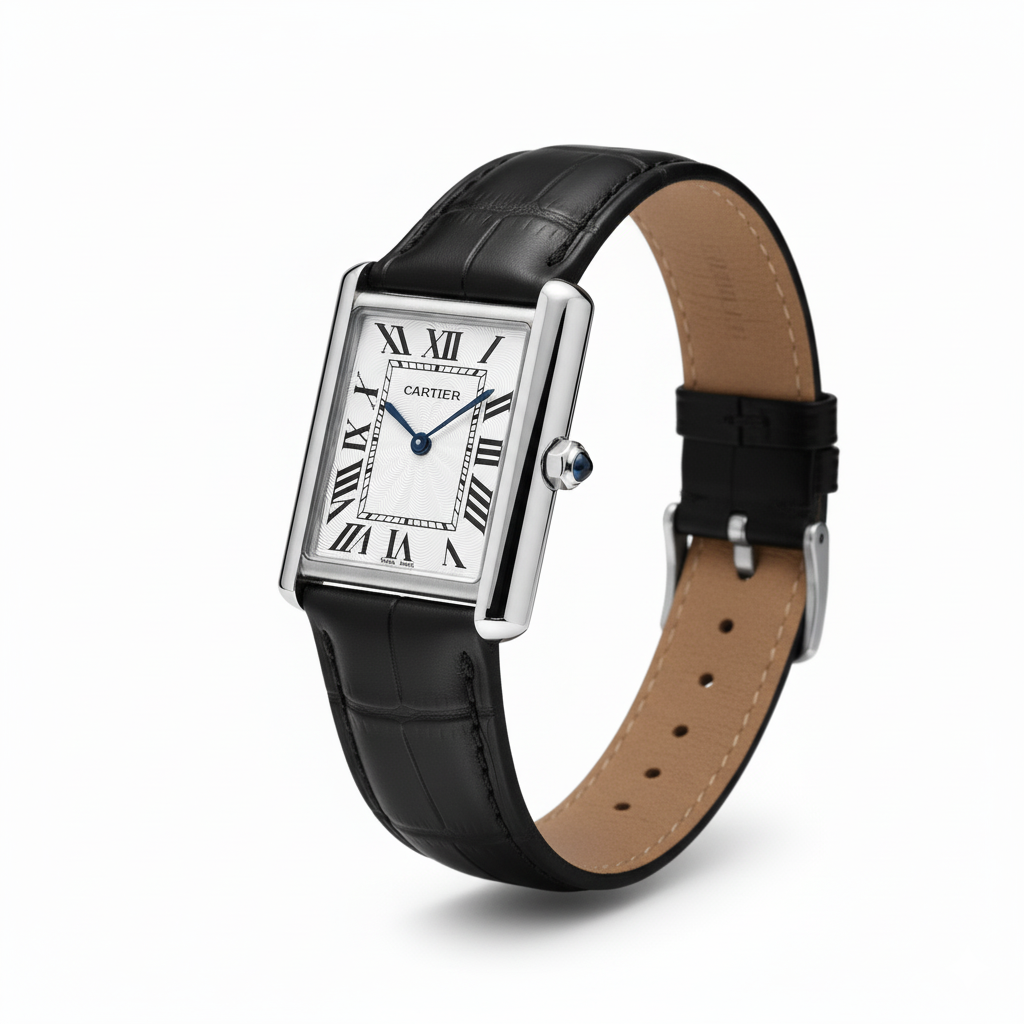 Cartier Tank-Watch with Steel Case and Black Alligator Strap - Mirror