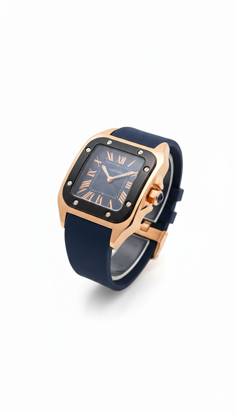 Cartier Santos de Cartier Watch in Rose Gold with Blue Dial and Rubber Strap - Mirror
