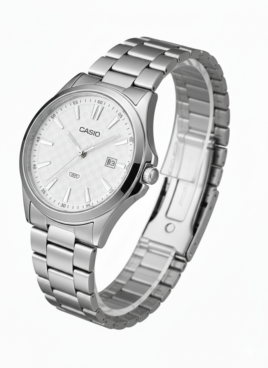 Casio Men's Silver-Tone Watch with Patterned Dial - Mirror