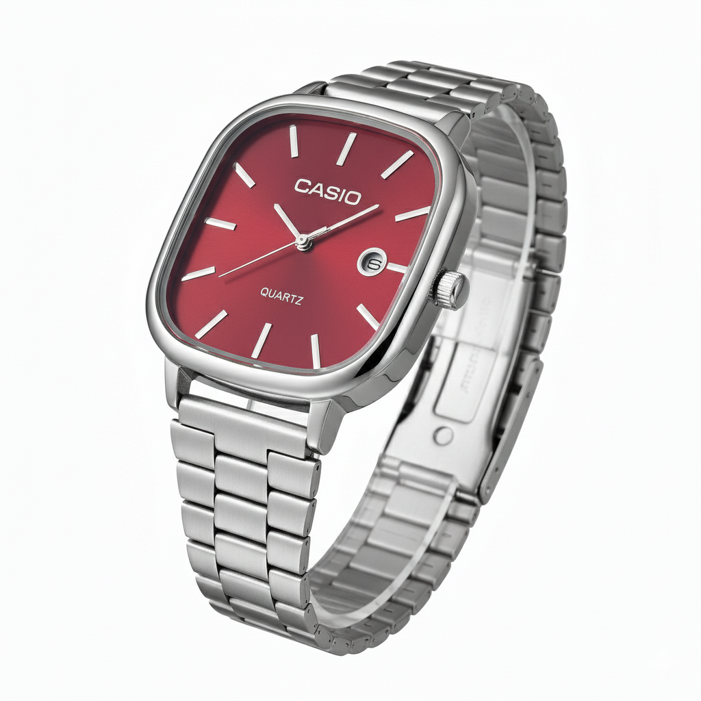 Casio Silver-Tone Watch with Red Dial - Mirror