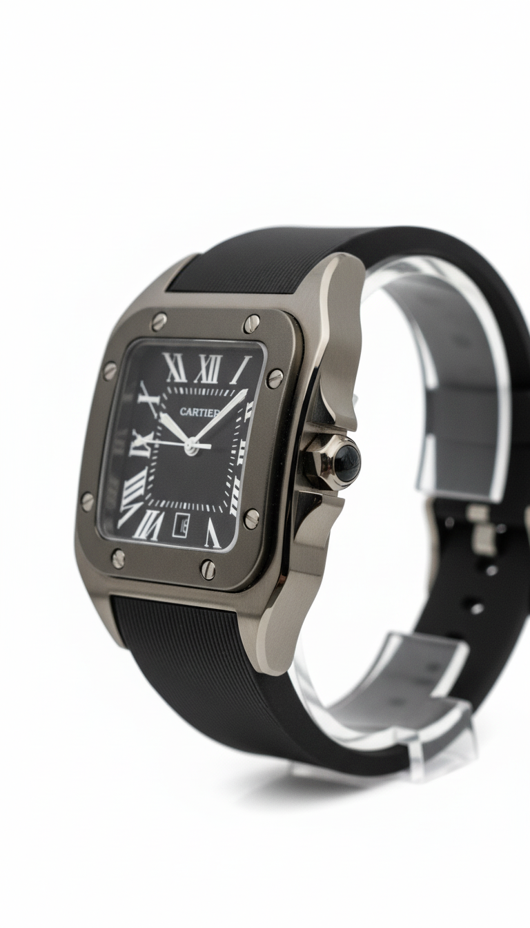 Cartier Santos de Cartier Watch in Silver with Black Dial and Rubber Strap - Mirror