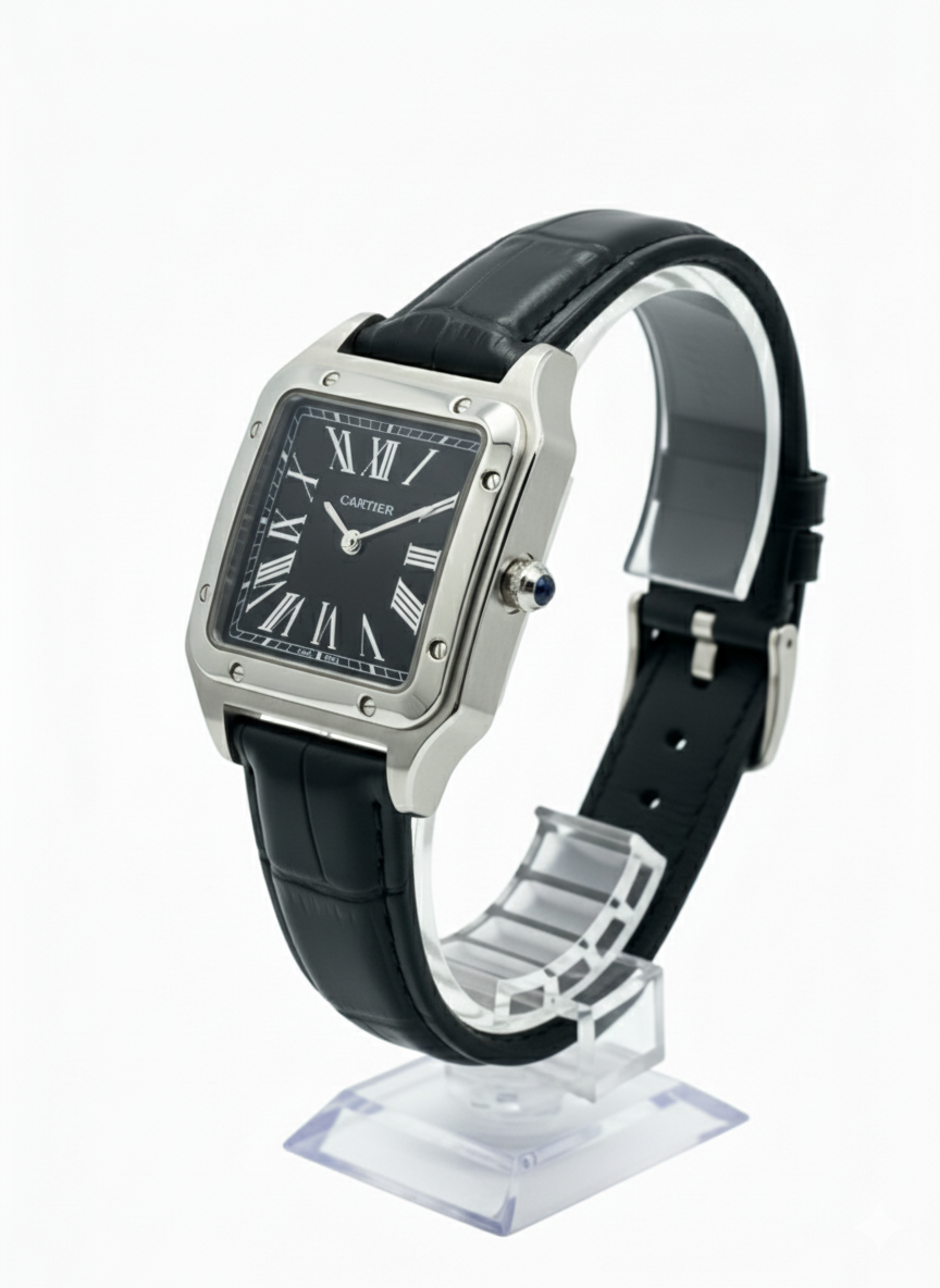 Cartier Santos-Dumont Watch with Steel Case and Black Alligator Strap(Black dial) - Mirror