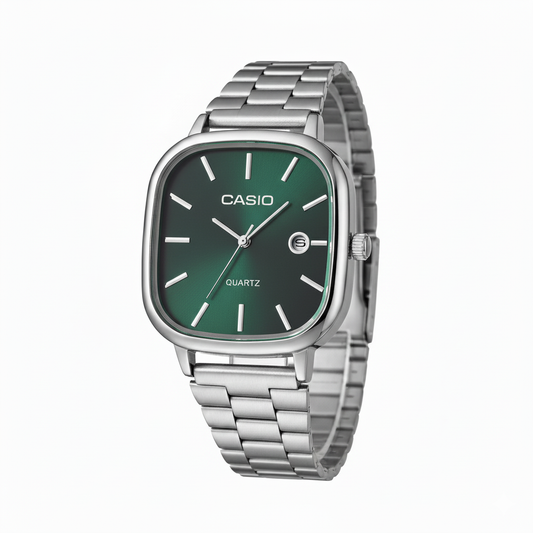 Casio Silver-Tone Watch with Green Dial