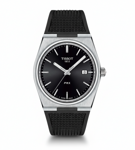 Tissot PRX Black Dial Men’s Watch – Stainless Steel & Rubber Strap - Mirror