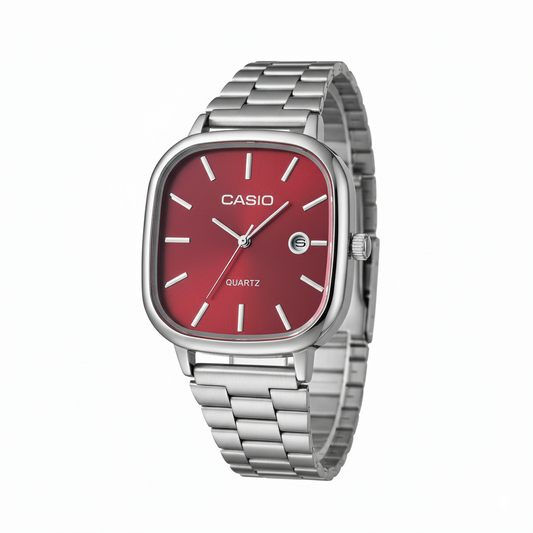 Casio Silver-Tone Watch with Red Dial - Mirror
