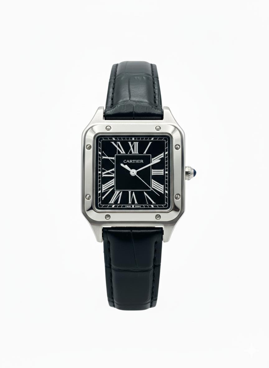 Cartier Santos-Dumont Watch with Steel Case and Black Alligator Strap(Black dial) - Mirror