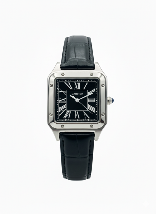 Cartier Santos-Dumont Watch with Steel Case and Black Alligator Strap(Black dial) - Mirror